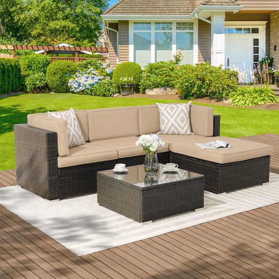 Sonerlic 5-Piece Outdoor Sectional Furniture Patio Conversation PE Rattan Wicker Sofa Set for Yard, Deck and Poolside,Beige