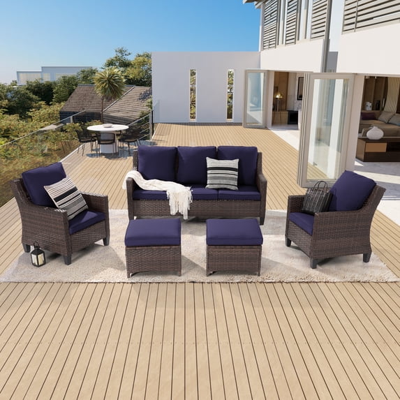 Sonerlic 5-Piece Patio Sofa Set Rattan Outdoor Furniture Set Three-Seat Sofa Ottomans Suiting Backyard, Poolside and Patio,Navy Blue