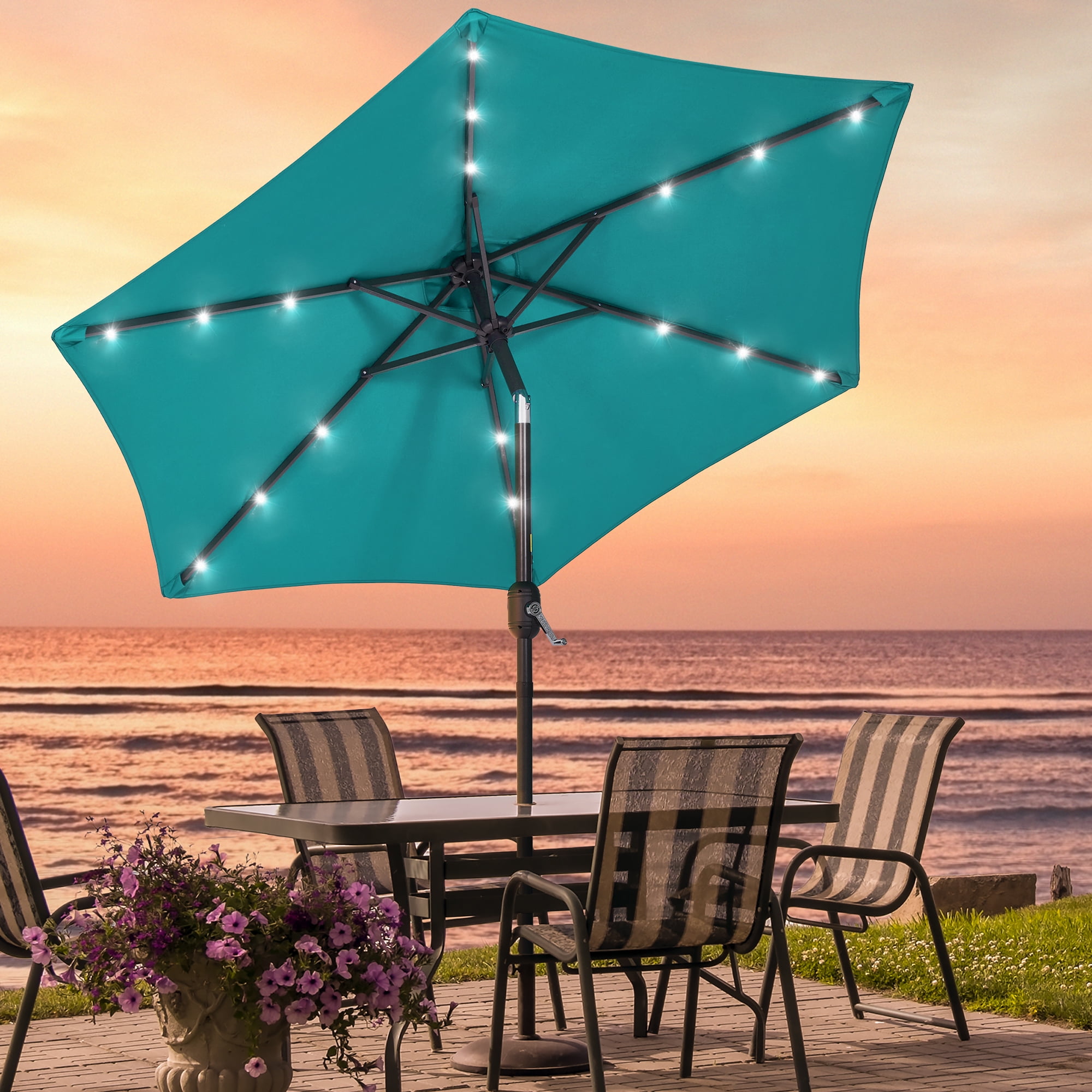 Sonerlic 7.5ft LED Patio Outdoor Shade Table Umbrella with Steel Frame for Yard,Garden and Park