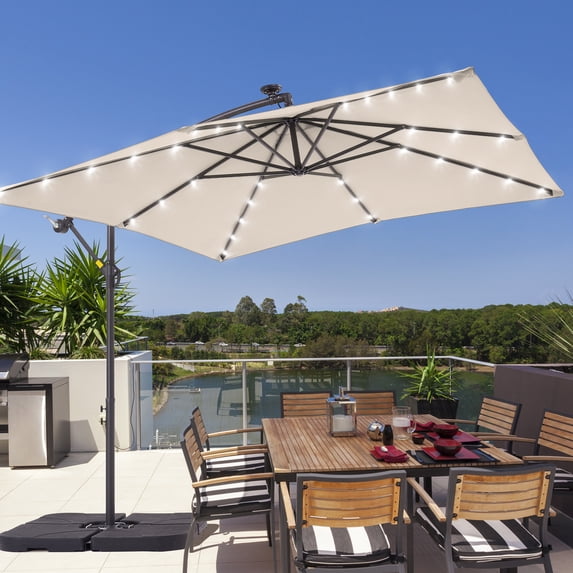 Sonerlic 8.2×8.2ft LED Square Outdoor Patio Offset Hanging Umbrella for Backyard,Beaches and Lawns, Sand