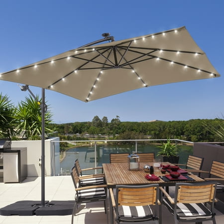 Sonerlic 8.2×8.2ft LED Square Outdoor Patio Offset Hanging Umbrella for Backyard,Beaches and Lawns,Taupe