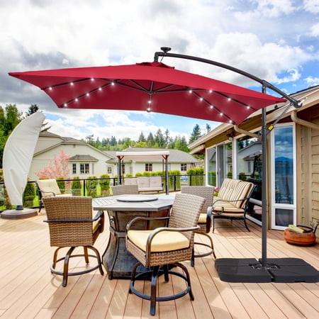 Sonerlic 8.2 x 8.2ft LED Outdoor Patio Offset Hanging Umbrella with a Base for Yard, Poolside and Deck,Red