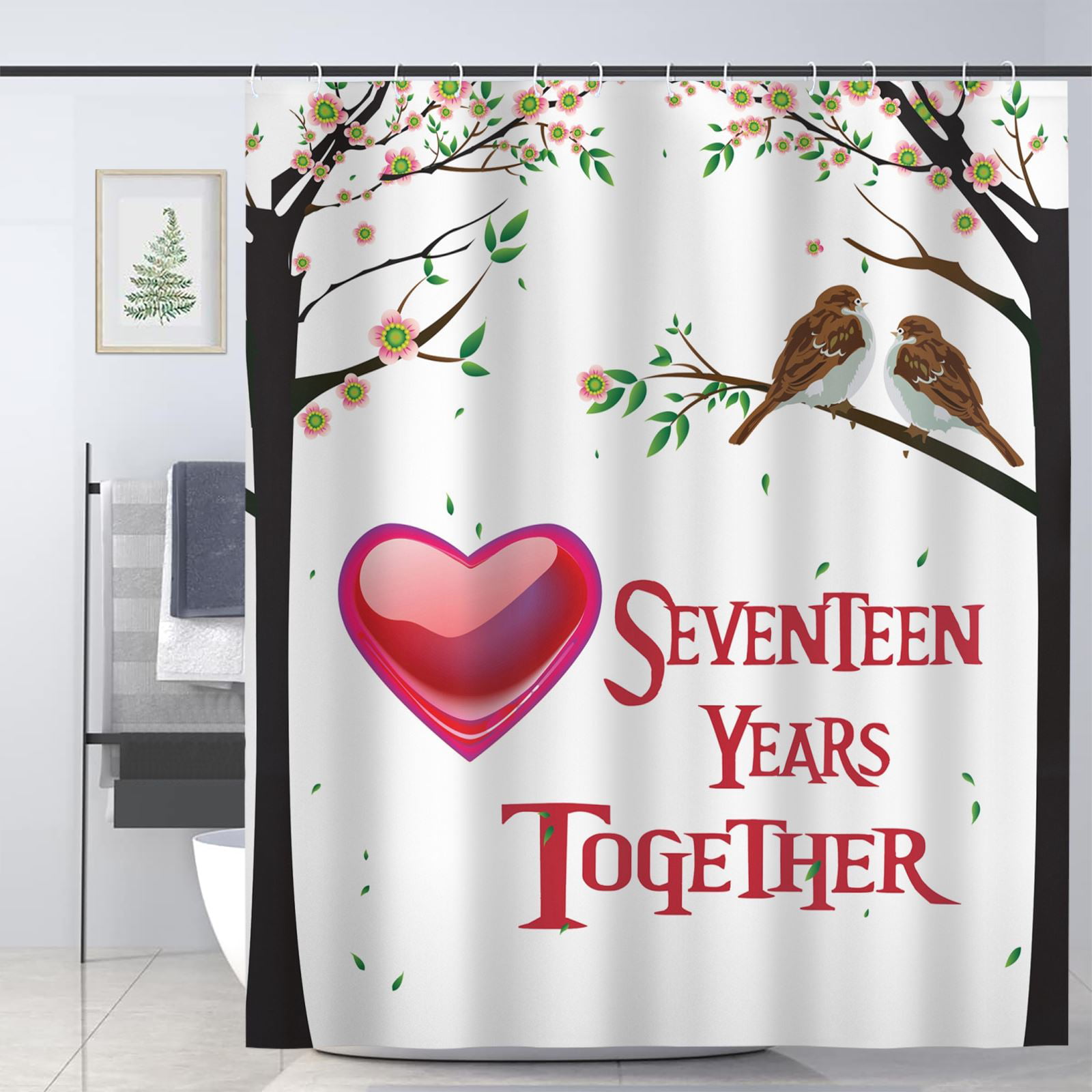 Sonernt 17th Wedding Anniversary Gifts for Couple Red Hearts Art Shower  Curtain for Bathroom Decoration Fabric Shower Curtain set,72x72 