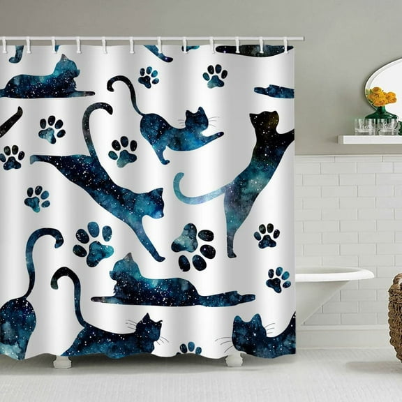 Sonernt Cats Shower Curtain for Bathroom with 12 Hooks Starry Night Cloth Bath Decor Long Fabric Waterproof, 72x72 Inches, Space Blue