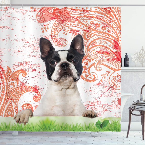 Sonernt Dog Lover Shower Curtain, Happy Pet Animal on Swirls and Curlicues Backdrop Vintage Elements Detailed Motif, Cloth Fabric Bathroom Decor Set with Hooks,72x72inch, Black Off White Coral