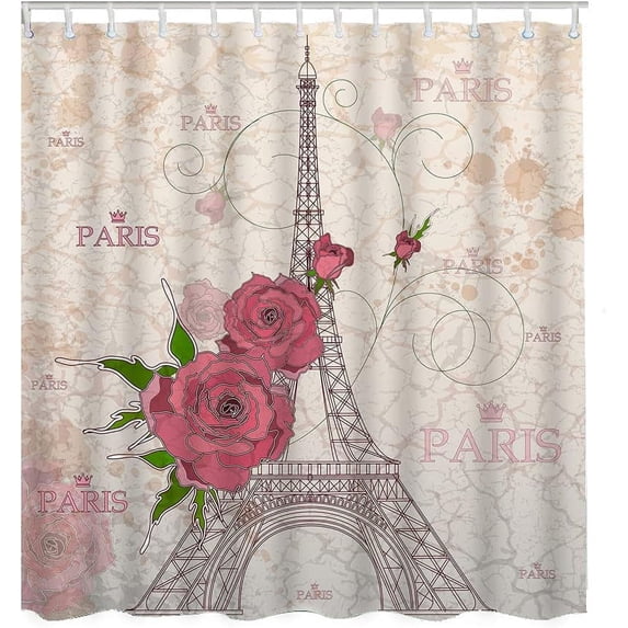 Sonernt Eiffel Tower Shower Curtain Vintage Paris Rose Flower Waterproof Shower Curtains for Bathroom with 12 Hooks Grey 72X72 inch