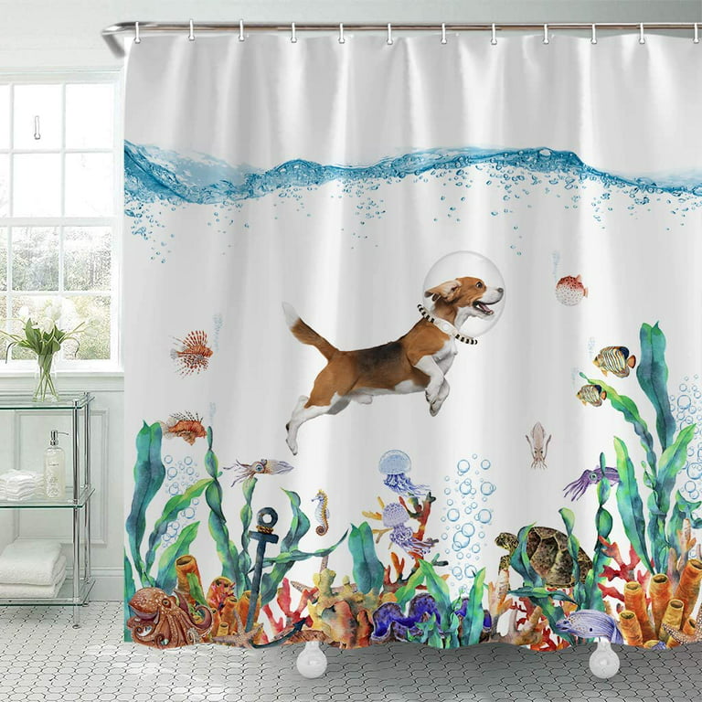 Sonernt Funny Beagle Shower Curtain, Underwater Ocean Animal Octopus  Starfish Turtle Fish Shower Curtain, Nautical Anchor Fabric Bathroom Curtain  with 12 Hooks 72 x 72Inch 