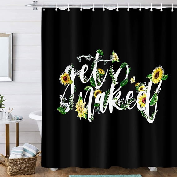 Sonernt Get Naked Sunflower Shower Curtain, Rustic Farmhouse Yellow Floral Shower Curtain Funny Artwork Decor, 72X72IN