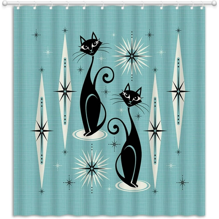 Sonernt Mid Century Black Cat Shower Curtain Atomic Starbursts Cat