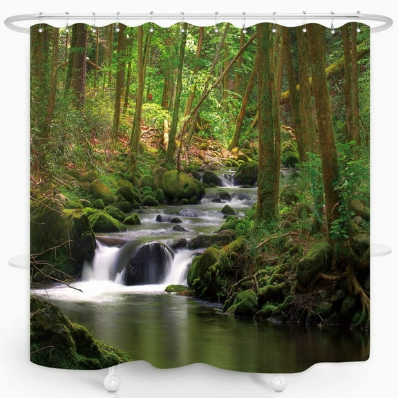 Sonernt Nature Shower Curtain Flowing Stream Forest Waterfall Natural Landscape Green Trees Jungle Mossy Rocks Themed Scenery Waterproof Fabric Bathroom Decor 72x72 Inch Plastic Hooks 12PCS