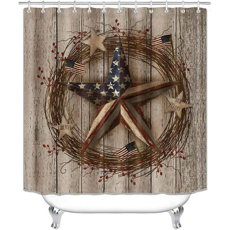 Sonernt Patriotic American Flag Star Vintage Wood Planks Polyester Shower Curtain 72x72 for Bathroom