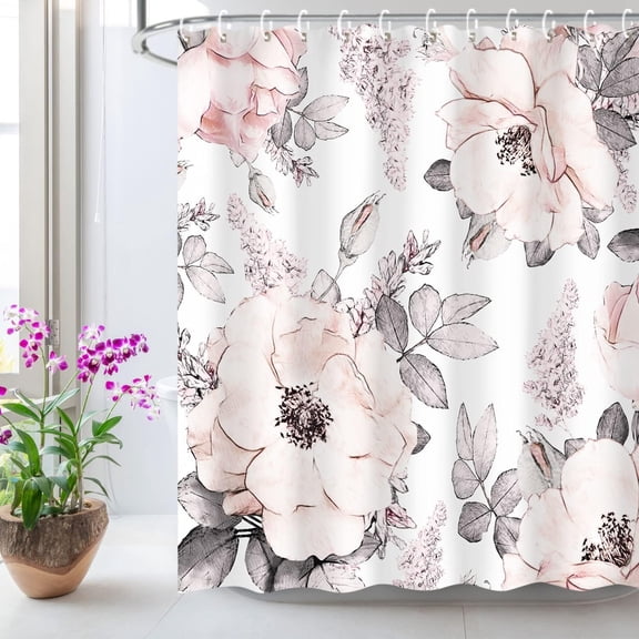Sonernt Pink Gray Flower Shower Curtain with 12 Hooks Washable Polyester Fabric 72"x72" inch
