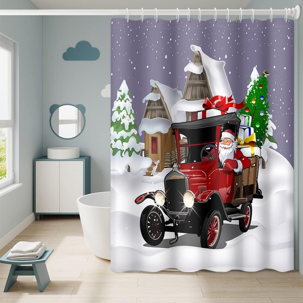Sonernt Red Truck Shower Curtain for Bathroom Santa Claus Snowland Wood