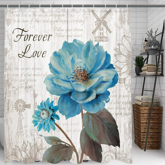 Sonernt Rustic Teal Floral Shower Curtain for Bathroom, Farmhouse Teal Dahlia Turquoise Blue Flower Fabric Shower Curtains, Vintage Country Farm Style Grey Wooden Bathroom Curtain with Hooks, 72X72IN