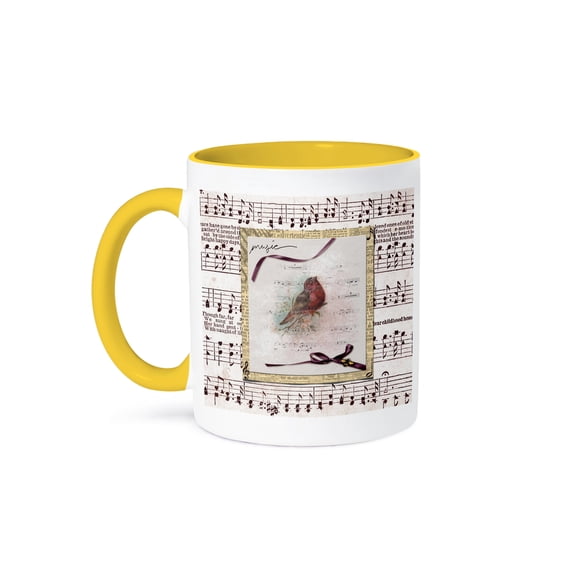 3dRose, Song Bird on Branch, Music Notes, Ribbon, Bow, Bee, Frame, Mauve, Gold, 11oz Two-Tone Yellow Mug