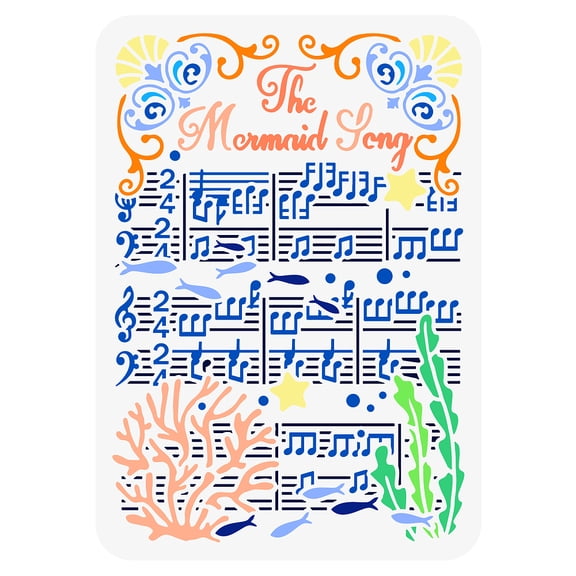 The Song Painting Large Stencil 8.3x11.7" PET Song of The Ocean Spraying Big Stencil Musical Score with Star Marine Fish Bubbles Coral Seaweed Drawing Template for Home Decor
