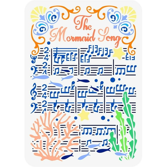 The Song Painting Large Stencil 8.3x11.7 PET Song of The Ocean Spraying Big Stencil Musical Score with Star Marine Fish Bubbles Coral Seaweed Drawing Template for Home Decor