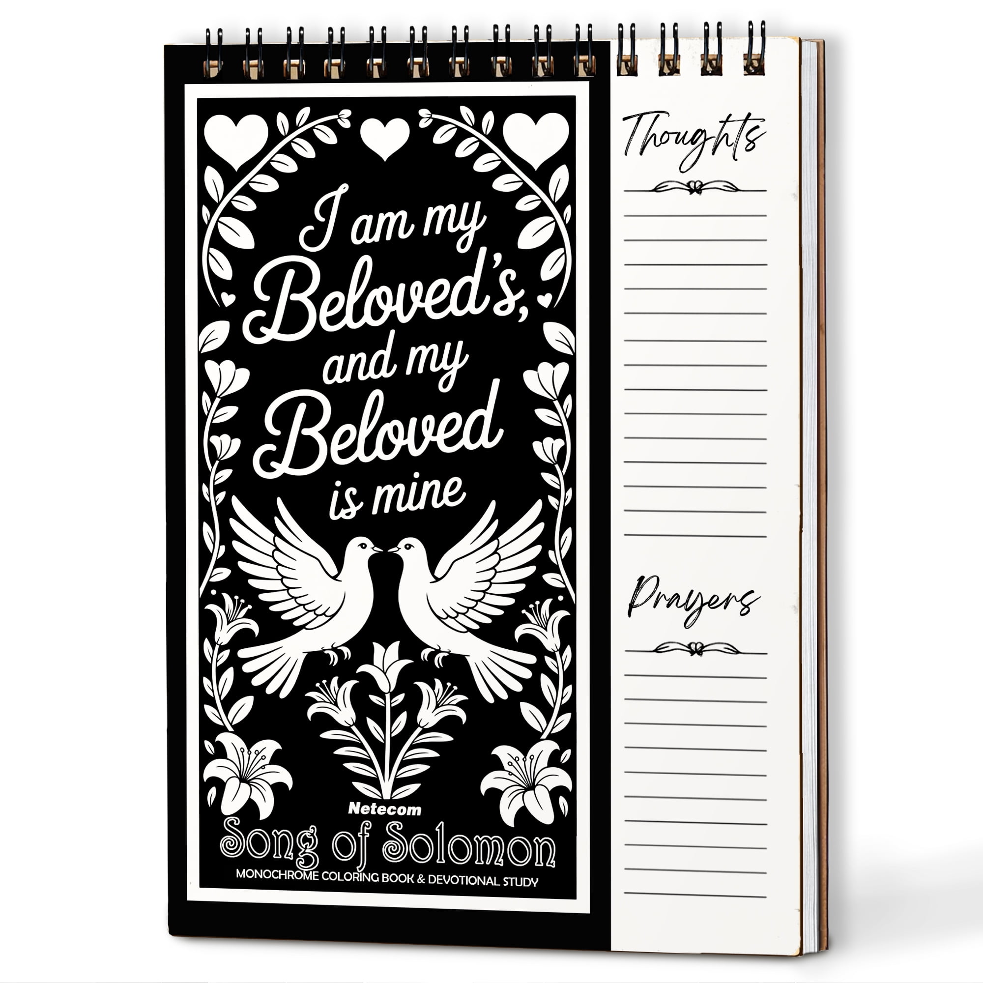 Song of Solomon Monochrome Coloring Book for Adults, 30 Minimalist Scripture Art Pages with Reflection & Prayer Space, Spiral Bound, A4 or A5 Softcover or Wood Cover