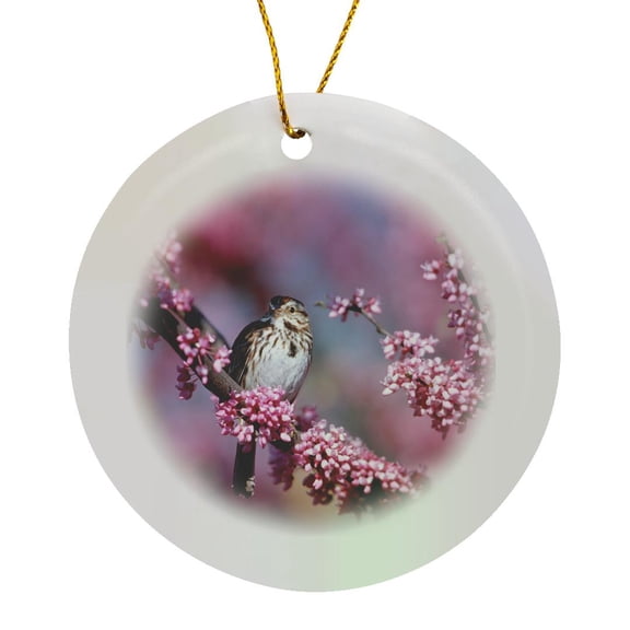 3drose, Song Sparrow in Eastern Redbud Tree, Marion, Il, Circle Porcelain Ornament