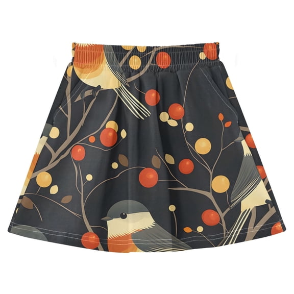 Songbird Berry Pattern Cotton Skirt Built-in Liner Elastic A-Line Flared Skirt with Pockets