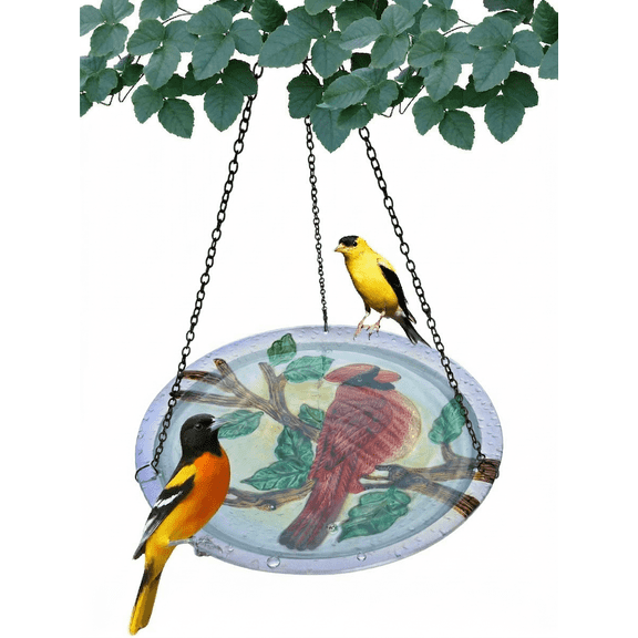 Songbird Essentials Cardinal Outdoor Bird Bath, Hanging Glass Birdbath, 13in Round