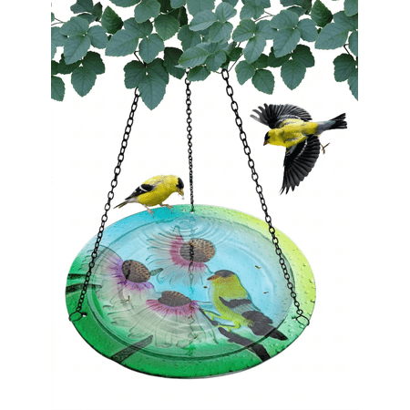 Songbird Essentials Goldfinch Glass Bird Bath, Outdoor Hanging Birdbath, 13in Round