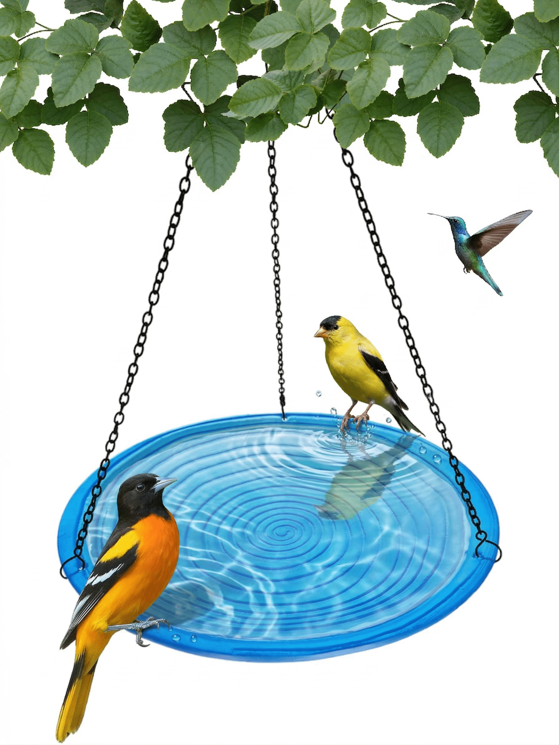 Songbird Essentials Hanging Bird Bath, Outdoor Glass Birdbath, Blue Swirls