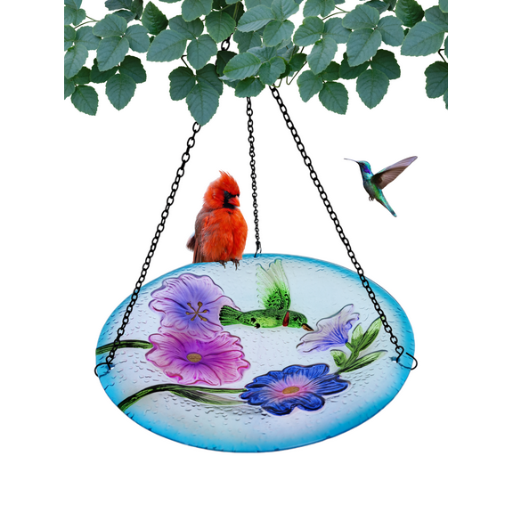 Songbird Essentials Hummingbird Bird Bath, Glass Hanging Birdbath, 13in Round