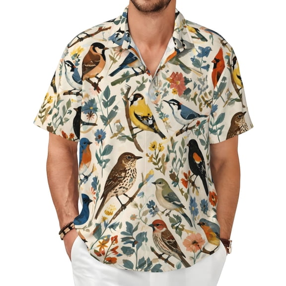 Songbird Garden Men's Shirts Short-Sleeved with All-Over Prints Button-Up Shirts