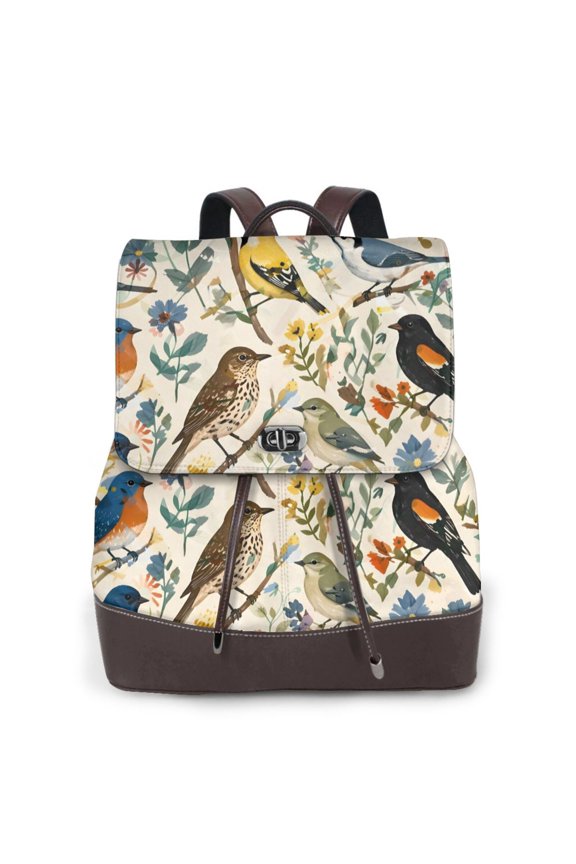Songbird Garden Women's Leather Backpack All-Over Print Bag for Work and Travel