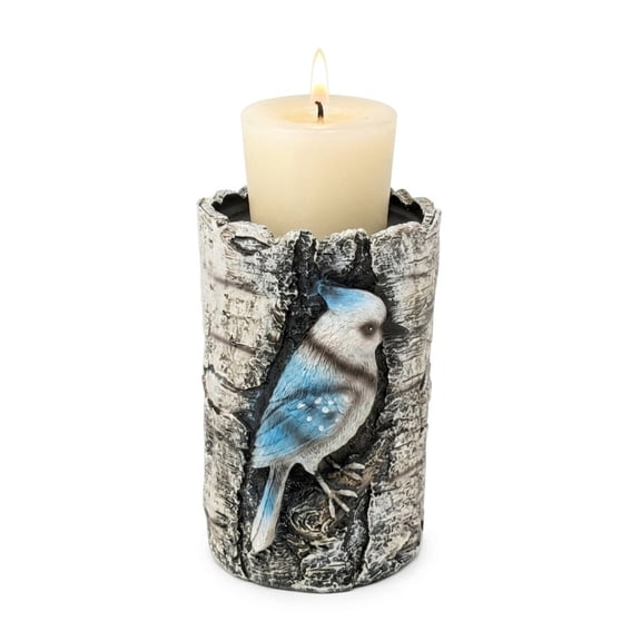 Songbird Resin Faux Birch Blue Jay Tealight Holder, Rustic Centerpiece Decor