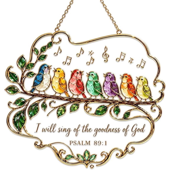 Songbird Window Hanging Sun Catcher, Colorful Bird Branch Decorative Window Ornament with Scripture Design, Home Garden Decor (12in)