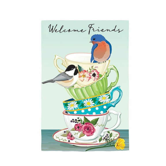 Songbirds and Teacups Applique Garden Flag
