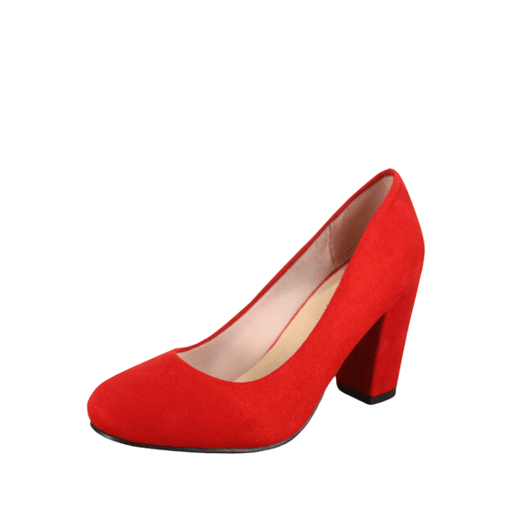 Songful-3 Women's Fashion Patent Faux Suede Round Toe Chunky Heel Slip On Pump Dress Shoes (Red, 5)