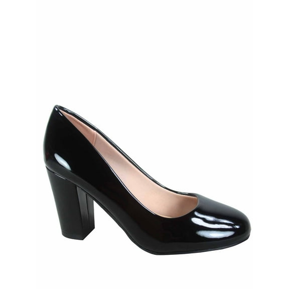 Songful-3 Women's Fashion Patent Faux Suede Round Toe Chunky Heel Slip On Pump Dress Shoes
