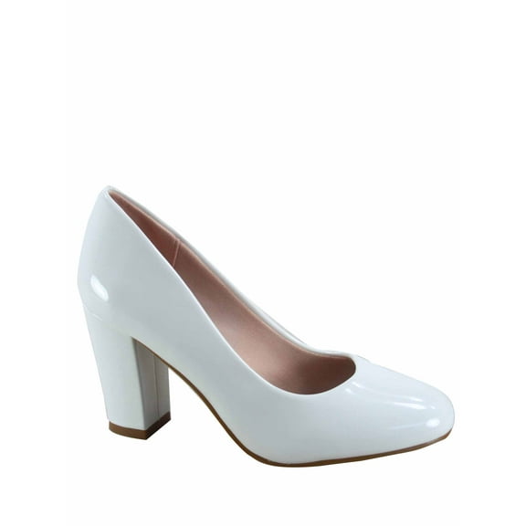 Songful-3 Women's Fashion Patent Faux Suede Round Toe Chunky Heel Slip On Pump Dress Shoes