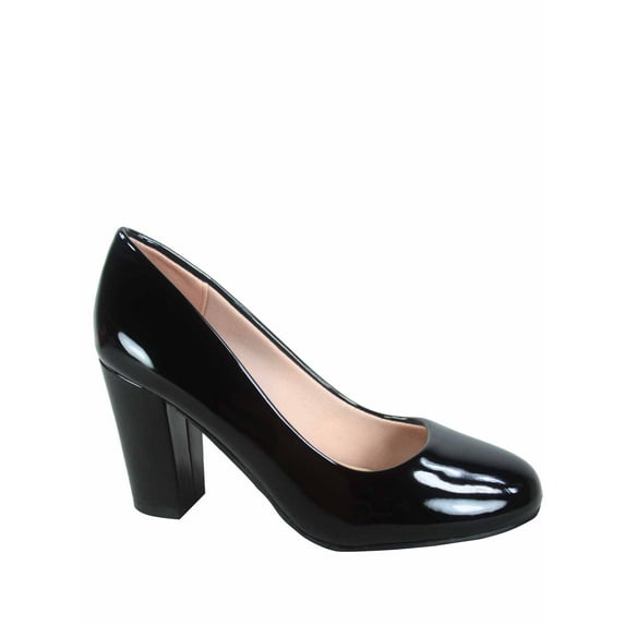 Songful-3 Women's Fashion Patent Faux Suede Round Toe Chunky Heel Slip On Pump Dress Shoes