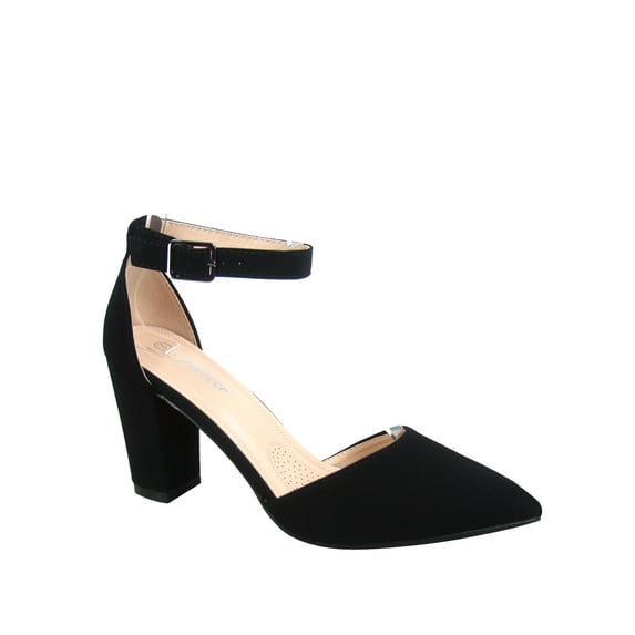 Songful-6 Women's Pointed Toe Ankle Strap Buckle Chunky High Heels Sandals Shoes ( Black, 5.5 )