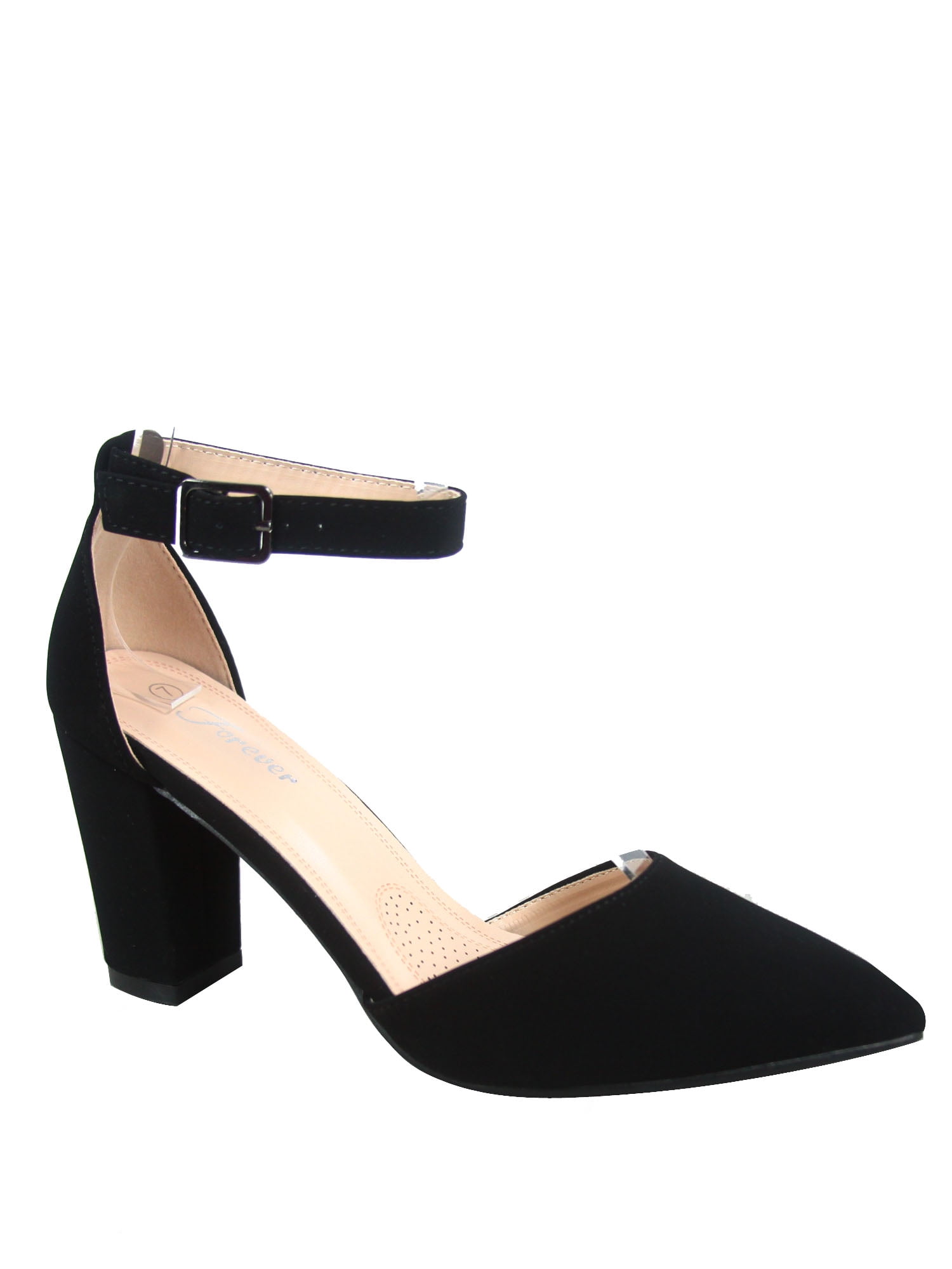Songful-6 Women's Pointed Toe Ankle Strap Buckle Chunky High Heels Sandals Shoes ( Black, 9 )