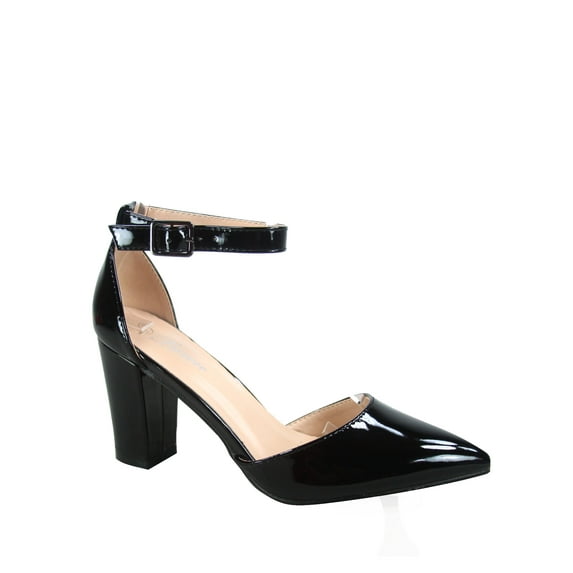 Songful-6 Women's Pointed Toe Ankle Strap Buckle Chunky High Heels Sandals Shoes ( Charcoal, 6 )