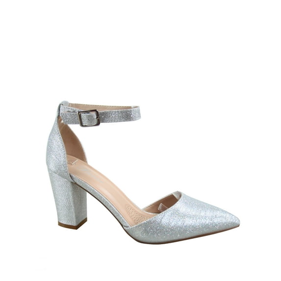 Songful-6 Women's Pointed Toe Ankle Strap Buckle Chunky High Heels Sandals Shoes ( Silver, 9 )