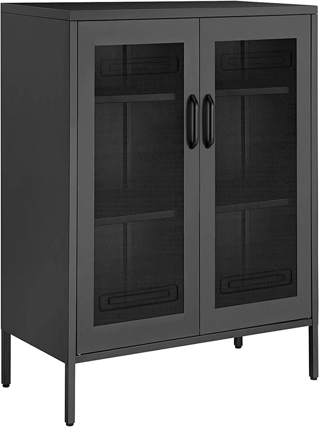 Black Metal Storage Cabinet with Adjustable Shelves and Mesh Doors