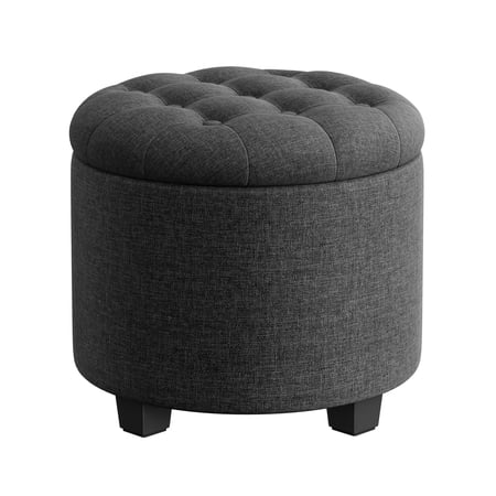 SONGMICS Round Storage Ottoman, Footstool with Storage, Shoe Bench, Extra Seat, Solid Wood Legs, Buttons Decoration, Holds up to 300.6 lb, Dark Gray
