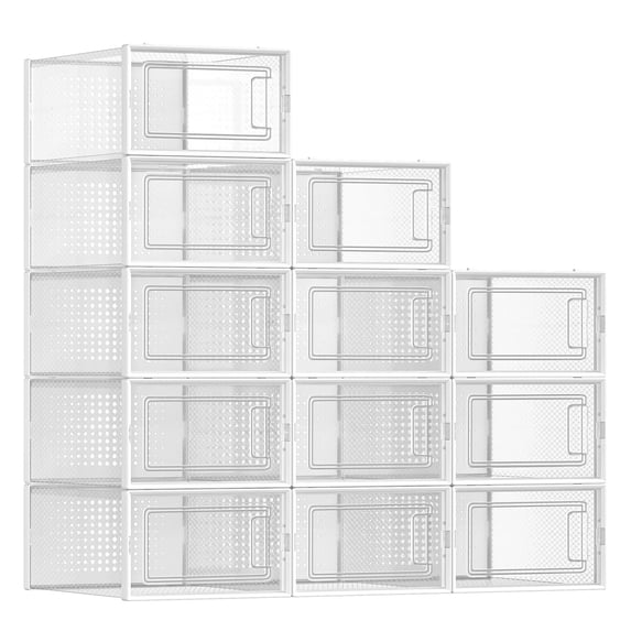 Songmics Shoe Boxes Pack Of 12 Storage Organizers Stackable Clear Plastic For Closet Sneakers 13.1 X 9.1 5.6 Inches Transparent And White Ulsp12swt