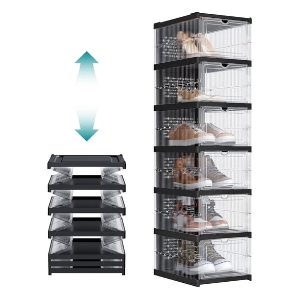 SONGMICS Shoe Boxes Set of 6,Stackable Shoe Storage Organizer for Closet Entryway,60s Assembly Foldable and Portable