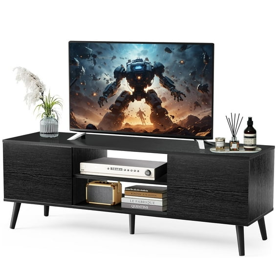 Sonharlar TV Stand for 55 60 Inch TV, Black Wood Television Stand 2 Cabinet Modern Entertainment Center with Storage For Bedroom, Office Furniture, Living Room