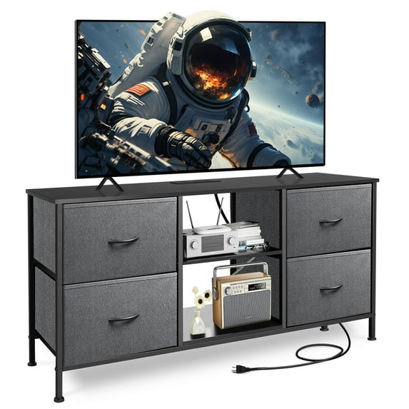 Sonharlar TV Stand for Bedroom, Television Stand for TV up to 46 Inch Entertainment Center Dresser with 4 Drawers Open Storage Shelves for Living Room, Entryway (Grey and Charcoal Black)