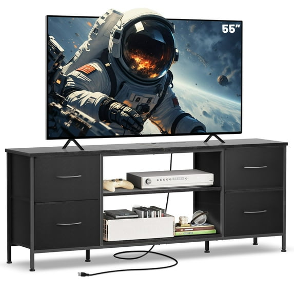 Sonharlar TV Stand for Bedroom, Television Stand for TV up to 55 Inch Entertainment Center Dresser with 4 Drawers Open Storage Shelves for Living Room, Entryway (Black and Charcoal Black)