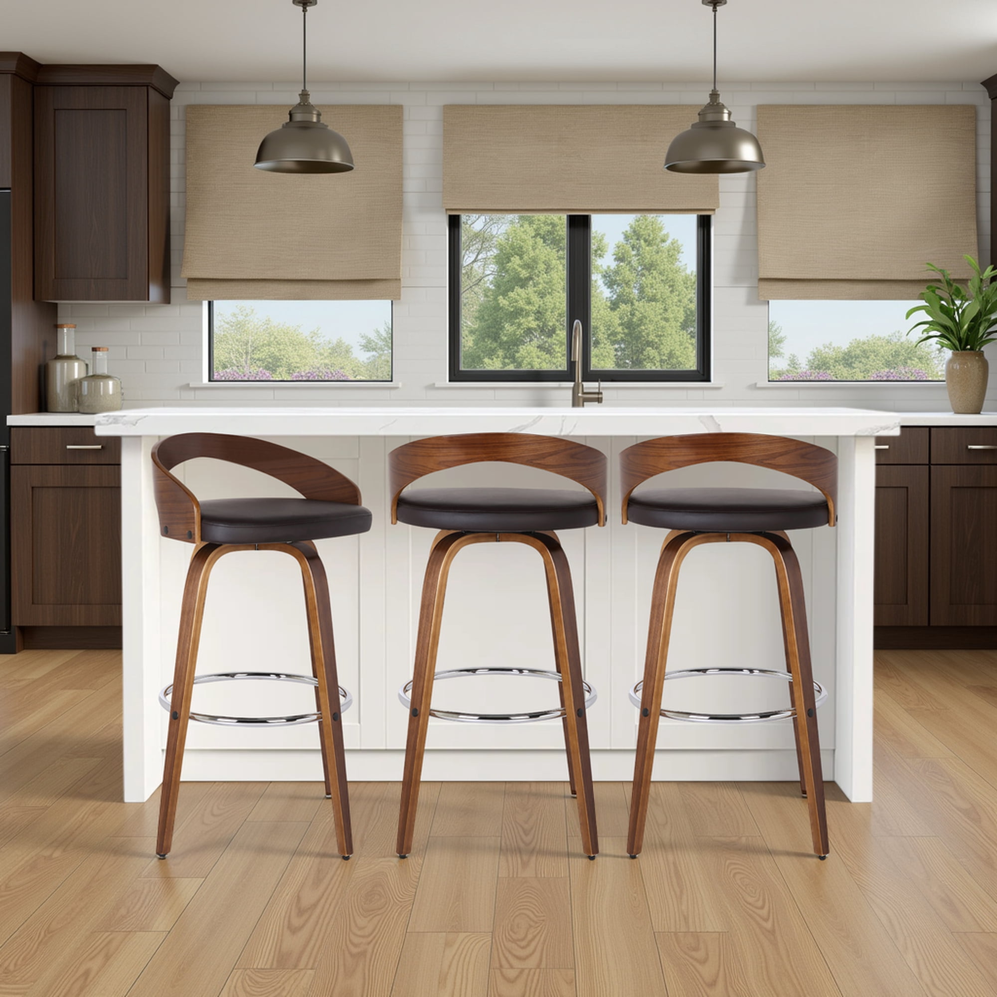 Sonia 26" Counter Height Swivel Brown Faux Leather and Walnut Wood Bar Stool - Set of 3