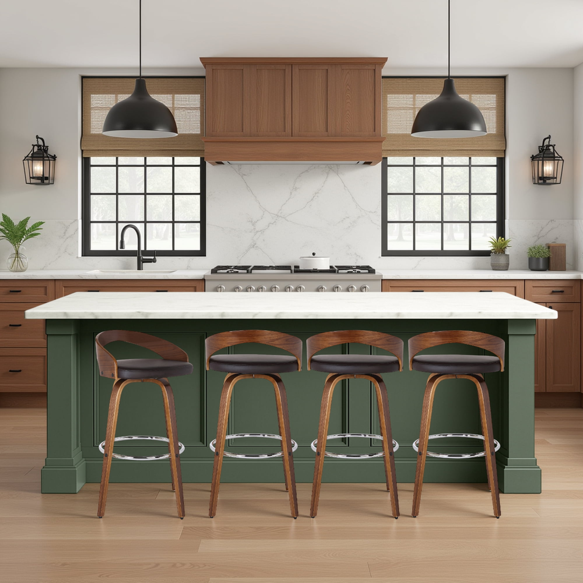 Sonia 26" Counter Height Swivel Brown Faux Leather and Walnut Wood Bar Stool - Set of 4